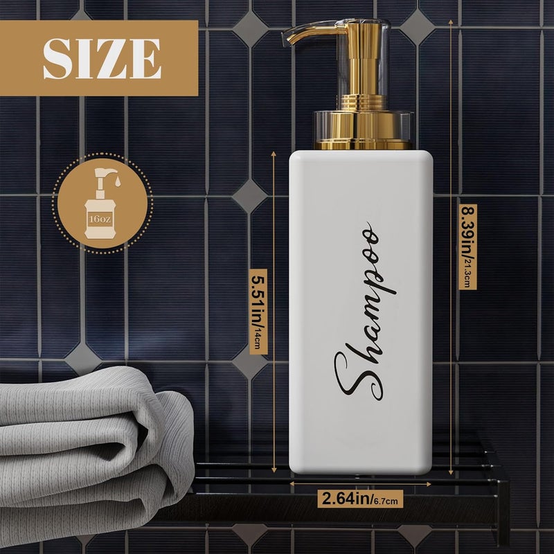 Akalin Refillable Shampoo and Conditioner Bottles, 16oz White and Gold Soap Dispenser Bathroom, Shampoo and Conditioner Dispenser for Bathroom Lotion Body Wash Massage Oils (White) - Image 3